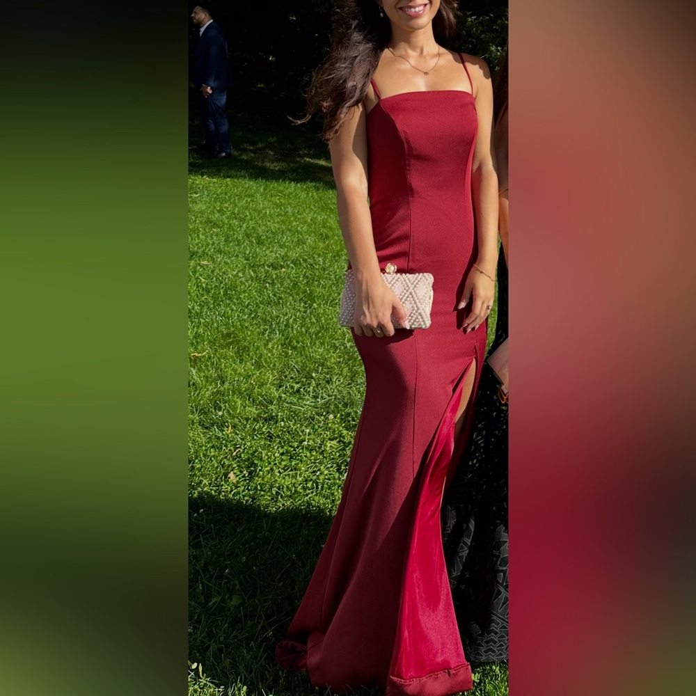 Elegant Burgundy Gown with Slit and Train Small Natasha Haute Couture Wedding